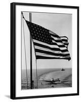 Airplane on Battleship Deck with American Flag in Foreground, World War II-null-Framed Photo