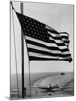 Airplane on Battleship Deck with American Flag in Foreground, World War II-null-Mounted Photo