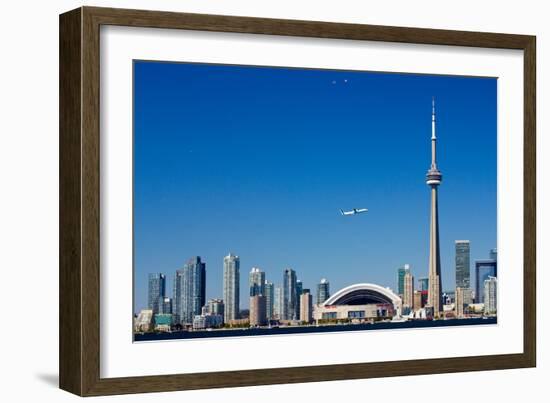 Airplane over City Skylines, Cn Tower, Toronto, Ontario, Canada 2011-null-Framed Photographic Print