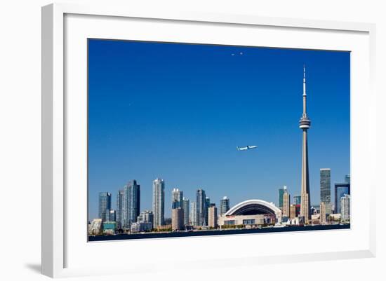 Airplane over City Skylines, Cn Tower, Toronto, Ontario, Canada 2011-null-Framed Photographic Print