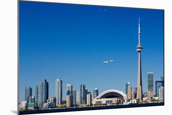 Airplane over City Skylines, Cn Tower, Toronto, Ontario, Canada 2011-null-Mounted Photographic Print