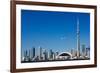 Airplane over City Skylines, Cn Tower, Toronto, Ontario, Canada 2011-null-Framed Photographic Print