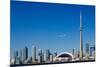 Airplane over City Skylines, Cn Tower, Toronto, Ontario, Canada 2011-null-Mounted Photographic Print