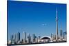 Airplane over City Skylines, Cn Tower, Toronto, Ontario, Canada 2011-null-Stretched Canvas