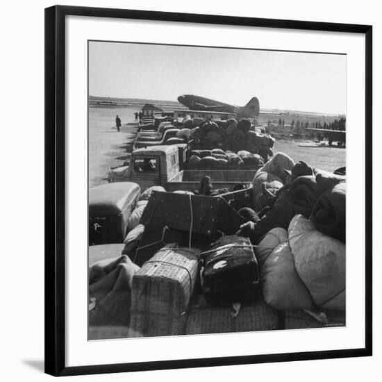 Airplanes Sitting on Airstrip at Airfield and Supplies Sitting in Trucks-Jack Birns-Framed Photographic Print