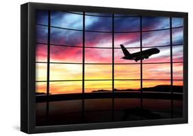 Airport Window With Airplane Flying At Sunset-viperagp-Framed Poster