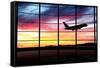 Airport Window with Airplane Flying at Sunset-viperagp-Framed Stretched Canvas