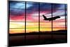 Airport Window with Airplane Flying at Sunset-viperagp-Mounted Photographic Print