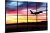 Airport Window with Airplane Flying at Sunset-viperagp-Mounted Photographic Print