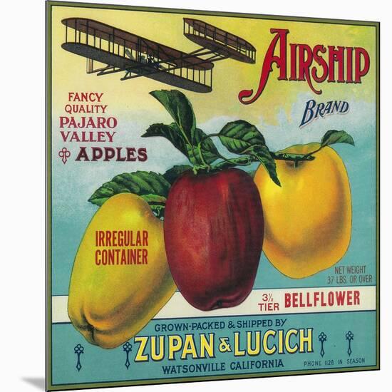 Airship Apple Crate Label - Watsonville, CA-Lantern Press-Mounted Art Print