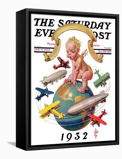 "Airships Circling Baby New Year," Saturday Evening Post Cover, January 2, 1932-Joseph Christian Leyendecker-Framed Stretched Canvas