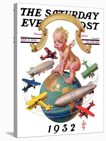 "Airships Circling Baby New Year," Saturday Evening Post Cover, January 2, 1932-Joseph Christian Leyendecker-Stretched Canvas