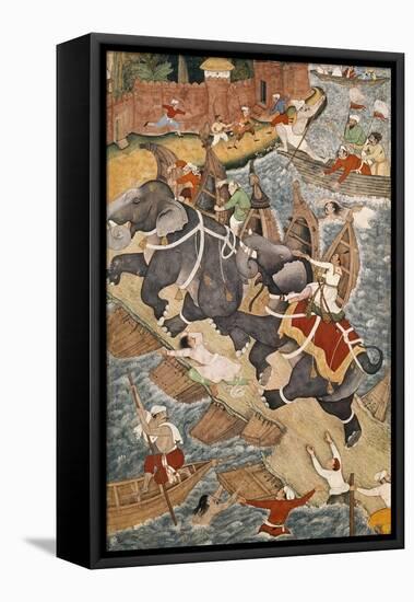 Akbar Tames the Savage Elephant, Hawa'I, Outside the Red Fort at Agra-Basawan-Framed Stretched Canvas