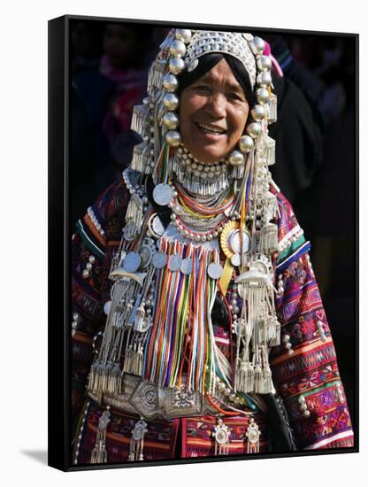 Akha Woman with Silver Headdress and Necklace Embellished with Glass Beads, Burma, Myanmar-Nigel Pavitt-Framed Stretched Canvas