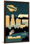 Akron, Ohio - Retro Skyline (no text)-Lantern Press-Framed Art Print