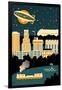 Akron, Ohio - Retro Skyline (no text)-Lantern Press-Framed Art Print
