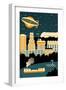 Akron, Ohio - Retro Skyline (no text)-Lantern Press-Framed Art Print