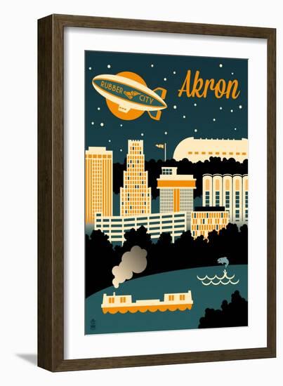 Akron, Ohio - Retro Skyline-Lantern Press-Framed Art Print