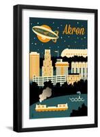 Akron, Ohio - Retro Skyline-Lantern Press-Framed Art Print