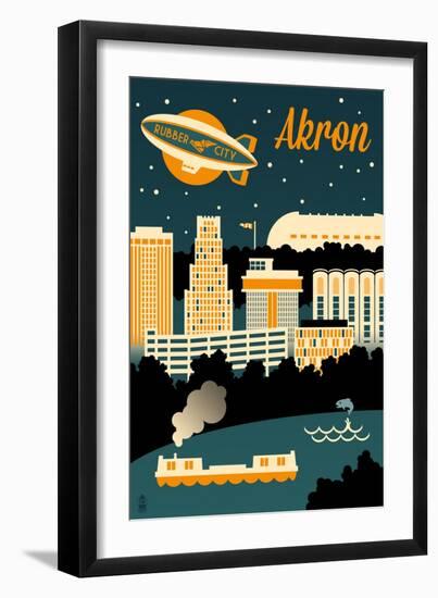 Akron, Ohio - Retro Skyline-Lantern Press-Framed Art Print