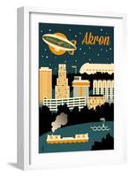 Akron, Ohio - Retro Skyline-Lantern Press-Framed Art Print