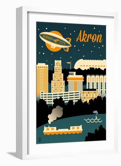 Akron, Ohio - Retro Skyline-Lantern Press-Framed Art Print