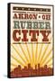 Akron, Ohio - Skyline and Sunburst Screenprint Style-Lantern Press-Framed Stretched Canvas