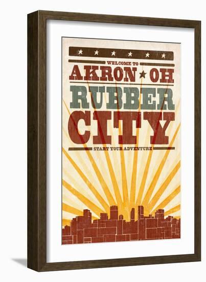 Akron, Ohio - Skyline and Sunburst Screenprint Style-Lantern Press-Framed Art Print