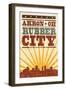 Akron, Ohio - Skyline and Sunburst Screenprint Style-Lantern Press-Framed Art Print