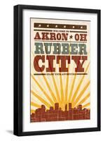 Akron, Ohio - Skyline and Sunburst Screenprint Style-Lantern Press-Framed Art Print