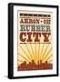 Akron, Ohio - Skyline and Sunburst Screenprint Style-Lantern Press-Framed Art Print