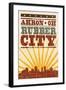 Akron, Ohio - Skyline and Sunburst Screenprint Style-Lantern Press-Framed Art Print