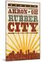 Akron, Ohio - Skyline and Sunburst Screenprint Style-Lantern Press-Mounted Art Print