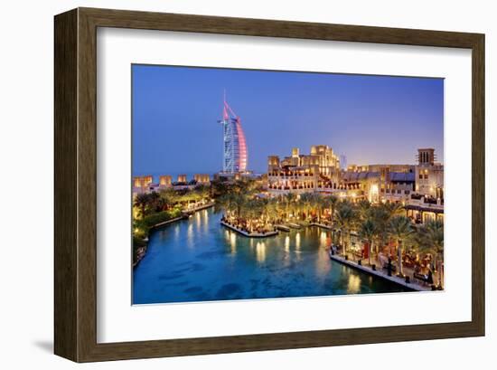 Al Quasr Hotel with Burj Al Arab at the Madinat Jumeirah Resort, Jumeirah Beach, Dubai-null-Framed Art Print