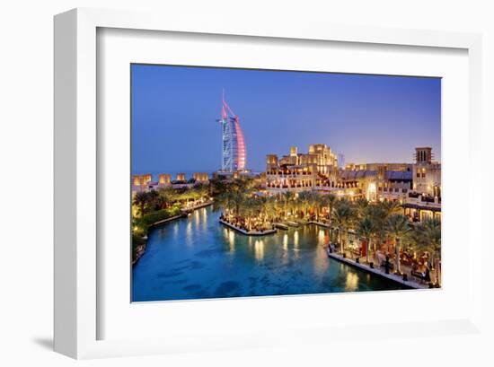 Al Quasr Hotel with Burj Al Arab at the Madinat Jumeirah Resort, Jumeirah Beach, Dubai-null-Framed Art Print