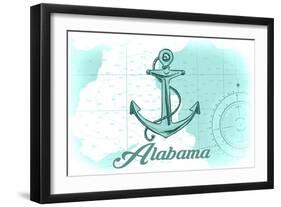 Alabama - Anchor - Teal - Coastal Icon-Lantern Press-Framed Art Print