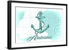 Alabama - Anchor - Teal - Coastal Icon-Lantern Press-Framed Art Print