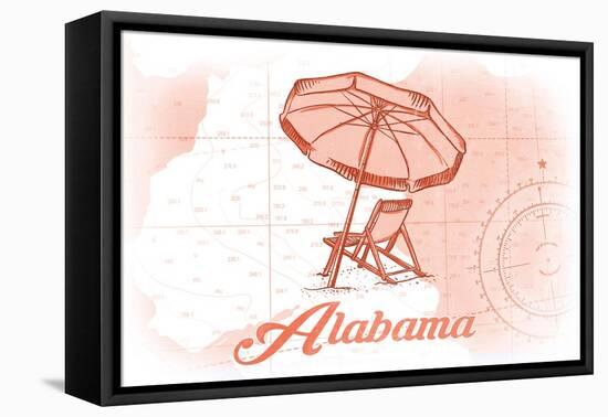 Alabama - Beach Chair and Umbrella - Coral - Coastal Icon-Lantern Press-Framed Stretched Canvas