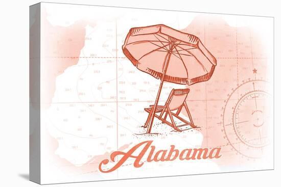 Alabama - Beach Chair and Umbrella - Coral - Coastal Icon-Lantern Press-Stretched Canvas