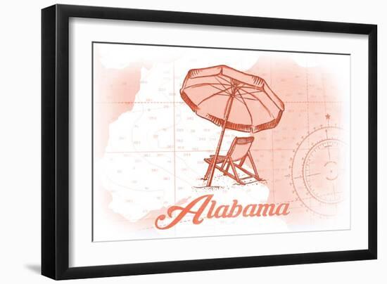 Alabama - Beach Chair and Umbrella - Coral - Coastal Icon-Lantern Press-Framed Art Print