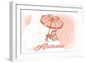 Alabama - Beach Chair and Umbrella - Coral - Coastal Icon-Lantern Press-Framed Art Print