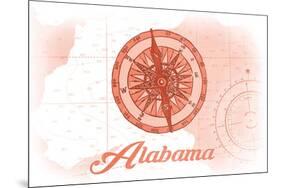 Alabama - Compass - Coral - Coastal Icon-Lantern Press-Mounted Art Print