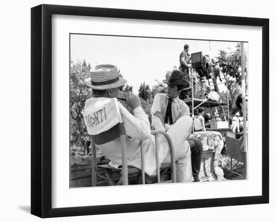 Alain Delon and director Luchino Visconti on set of film "The Leopard", 1962 (b/w photo)-null-Framed Photo