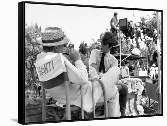 Alain Delon and director Luchino Visconti on set of film "The Leopard", 1962 (b/w photo)-null-Framed Stretched Canvas