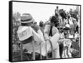 Alain Delon and director Luchino Visconti on set of film "The Leopard", 1962 (b/w photo)-null-Framed Stretched Canvas