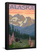 Alaska - Bear And Cubs Spring Flowers-null-Framed Poster