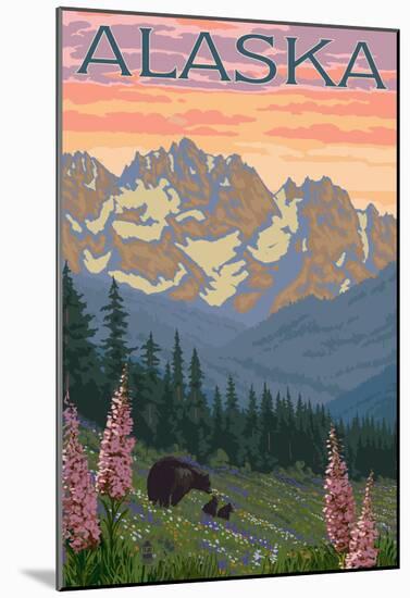 Alaska - Bear And Cubs Spring Flowers-null-Mounted Poster