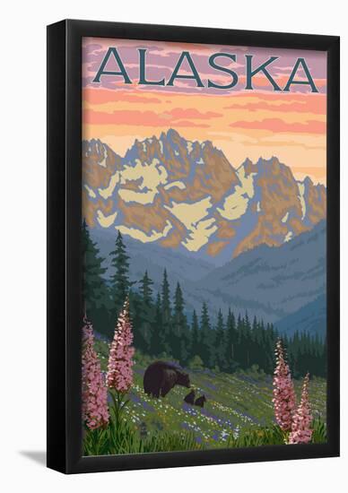 Alaska - Bear And Cubs Spring Flowers-null-Framed Poster