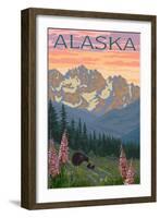 Alaska - Bear and Cubs Spring Flowers-Lantern Press-Framed Art Print