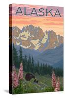 Alaska - Bear and Cubs Spring Flowers-Lantern Press-Stretched Canvas